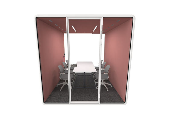 A modular soundproof office pod with 4-6 person capacity, laminated glass, and high-efficiency sound insulation for a quiet workspace